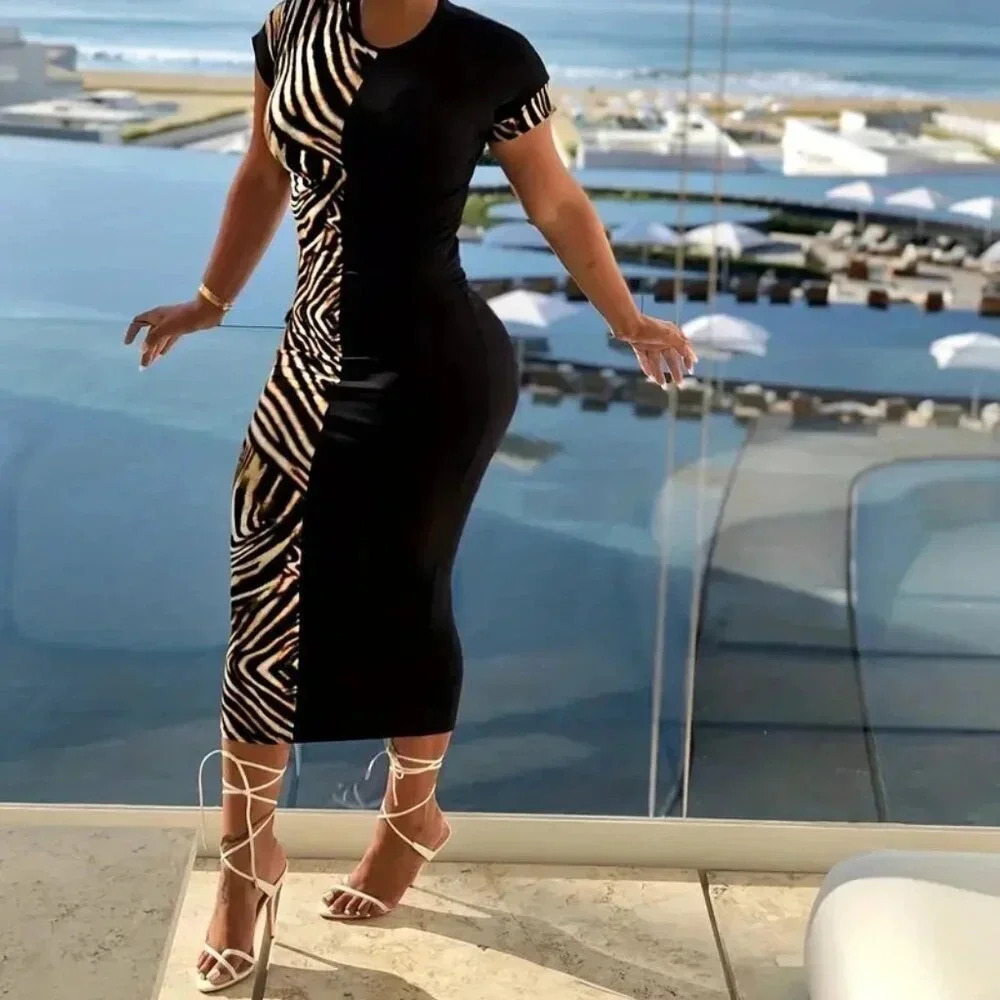 Elegant Zebra Striped Patchwork Bodycon Dress,
